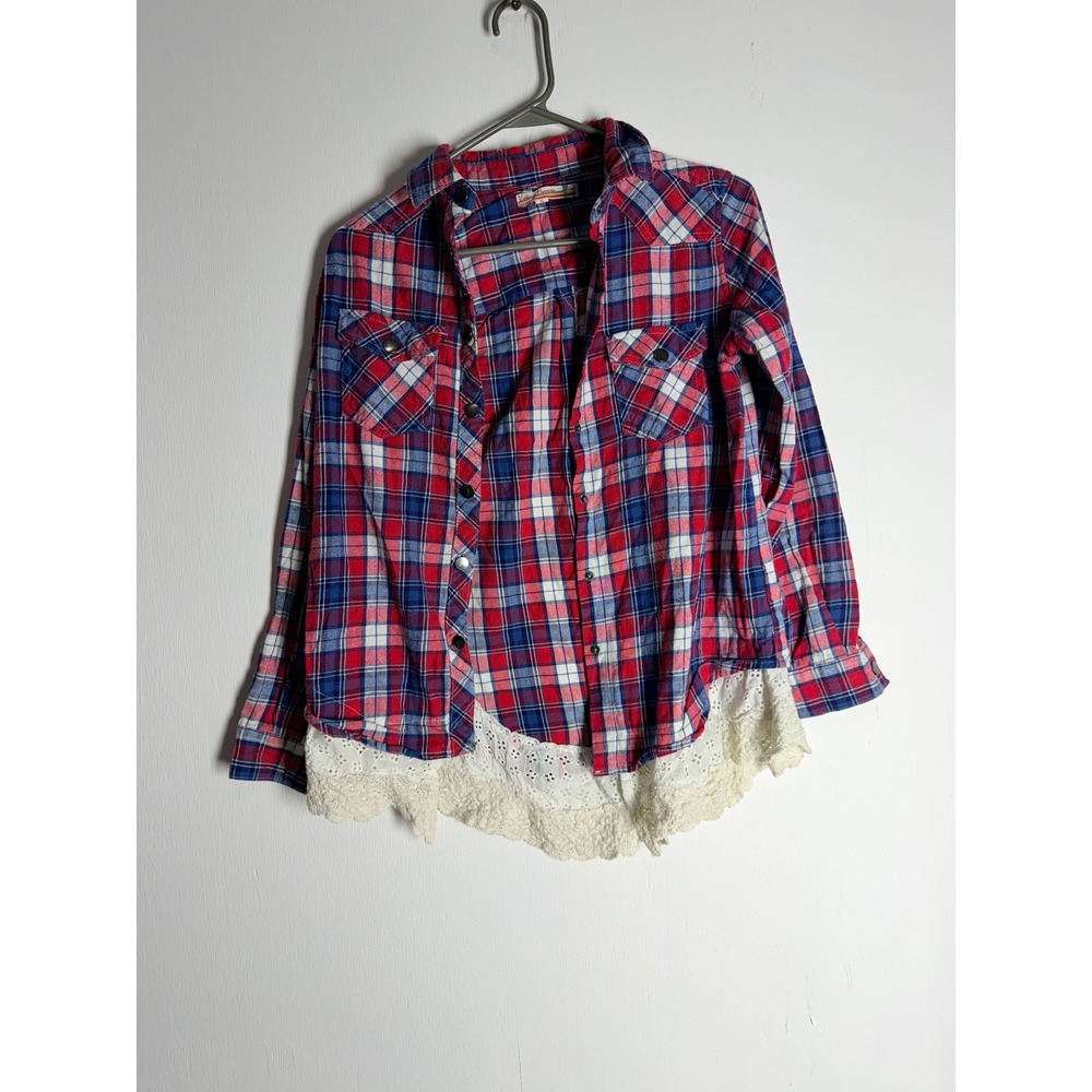 Vintage Havana Plaid Flannel Shirt Lace Trim Eyelet Boho Red Blue XL